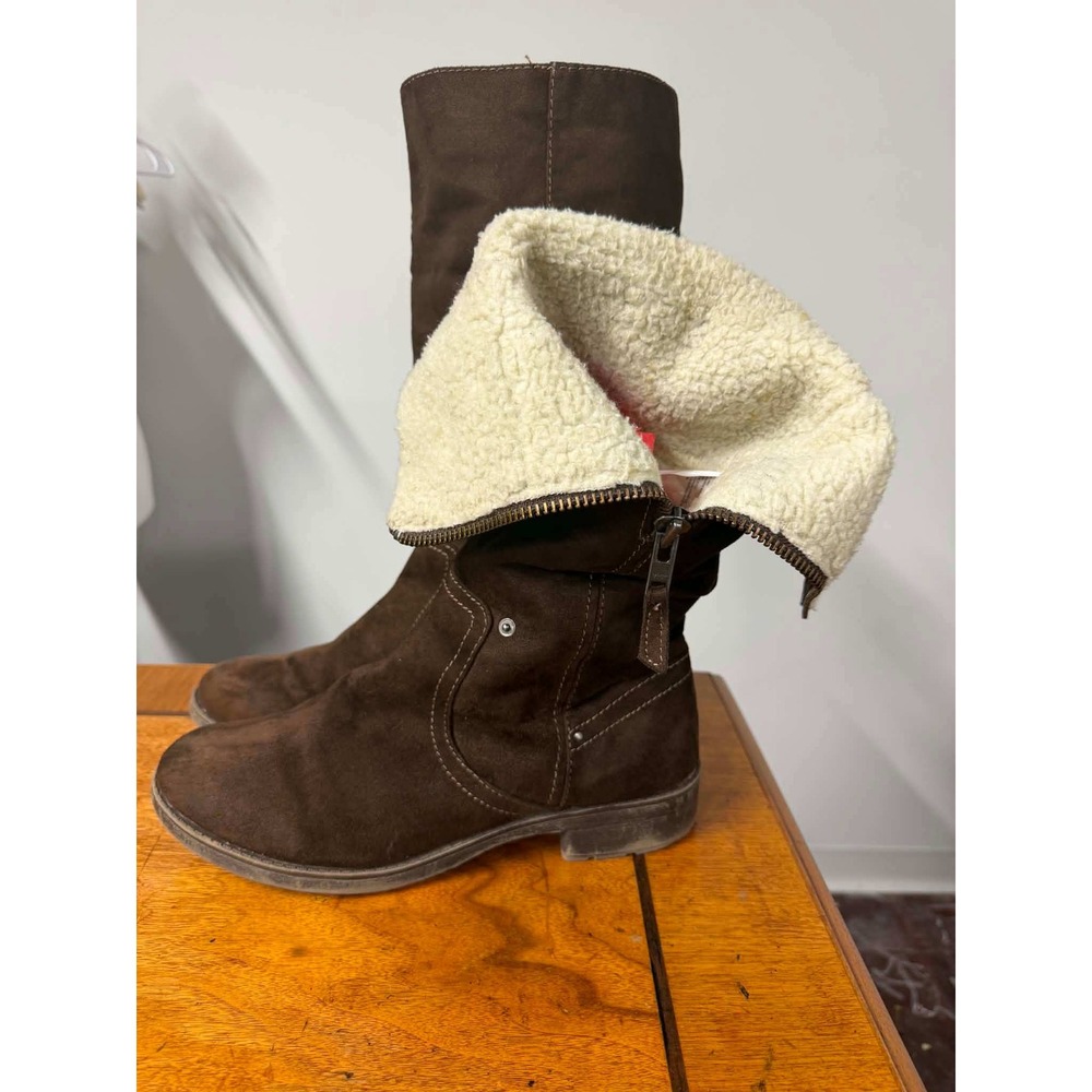 Vtg Mossimo Womens 11 Brown Tall Faux Suede Shearling Fold Over Boots Lug Sole
